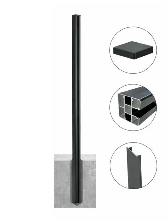 Extra-long aluminum alloy fence post in dark finish with cap and cross-section detail views