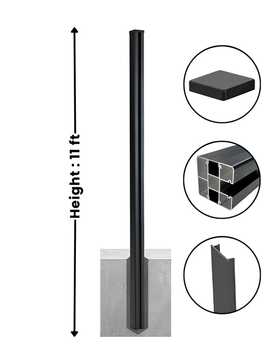 11 ft aluminum alloy fence post with dark finish, height diagram, cap, profile, and channel details