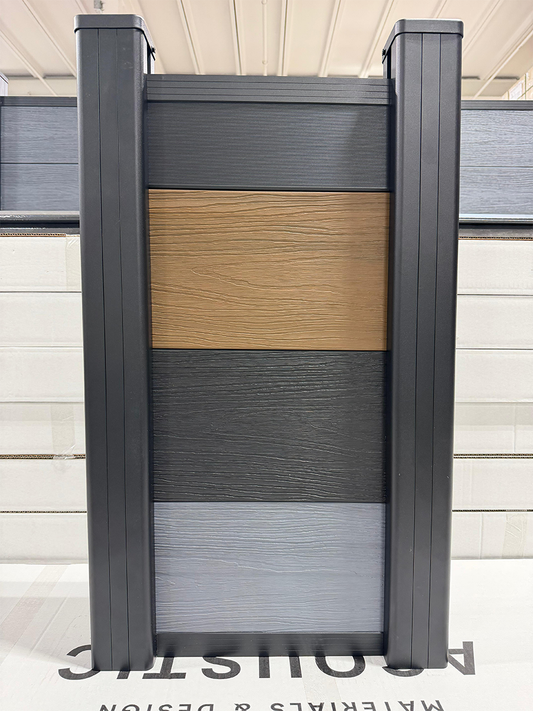 Modern composite fence with black aluminum panel and woodgrain boards walnut gray black