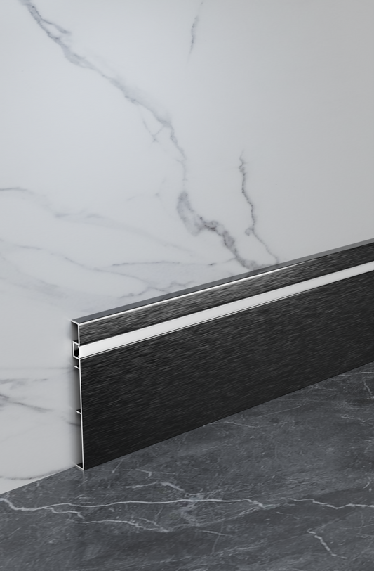 Aluminum LED skirting baseboard channel system, 3.3 ft long, 4-inch height, surface-mounted along wall with LED strip.