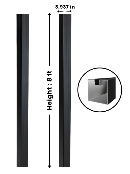 Black 4-inch 8-foot in-ground gate post shown full length with 3.937-inch width and profile cross-section