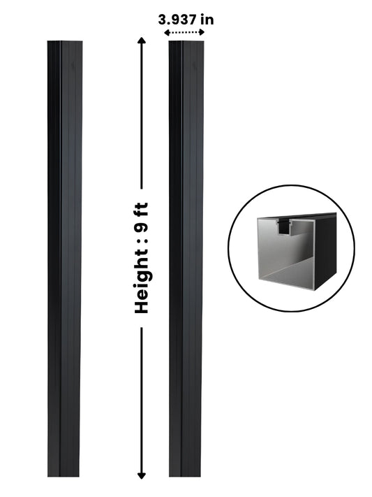 Black 4-inch, 9-foot in-ground gate post with 3.937-inch width and profile detail