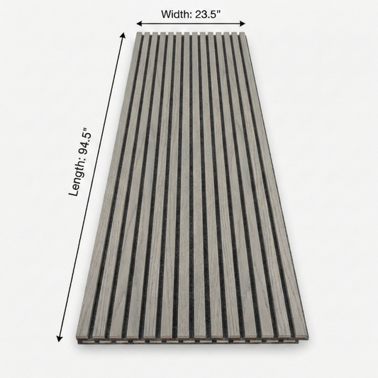 Ash gray acoustic wood slat wall panel 94.5 inches length and 23.5 inches width with black felt backing