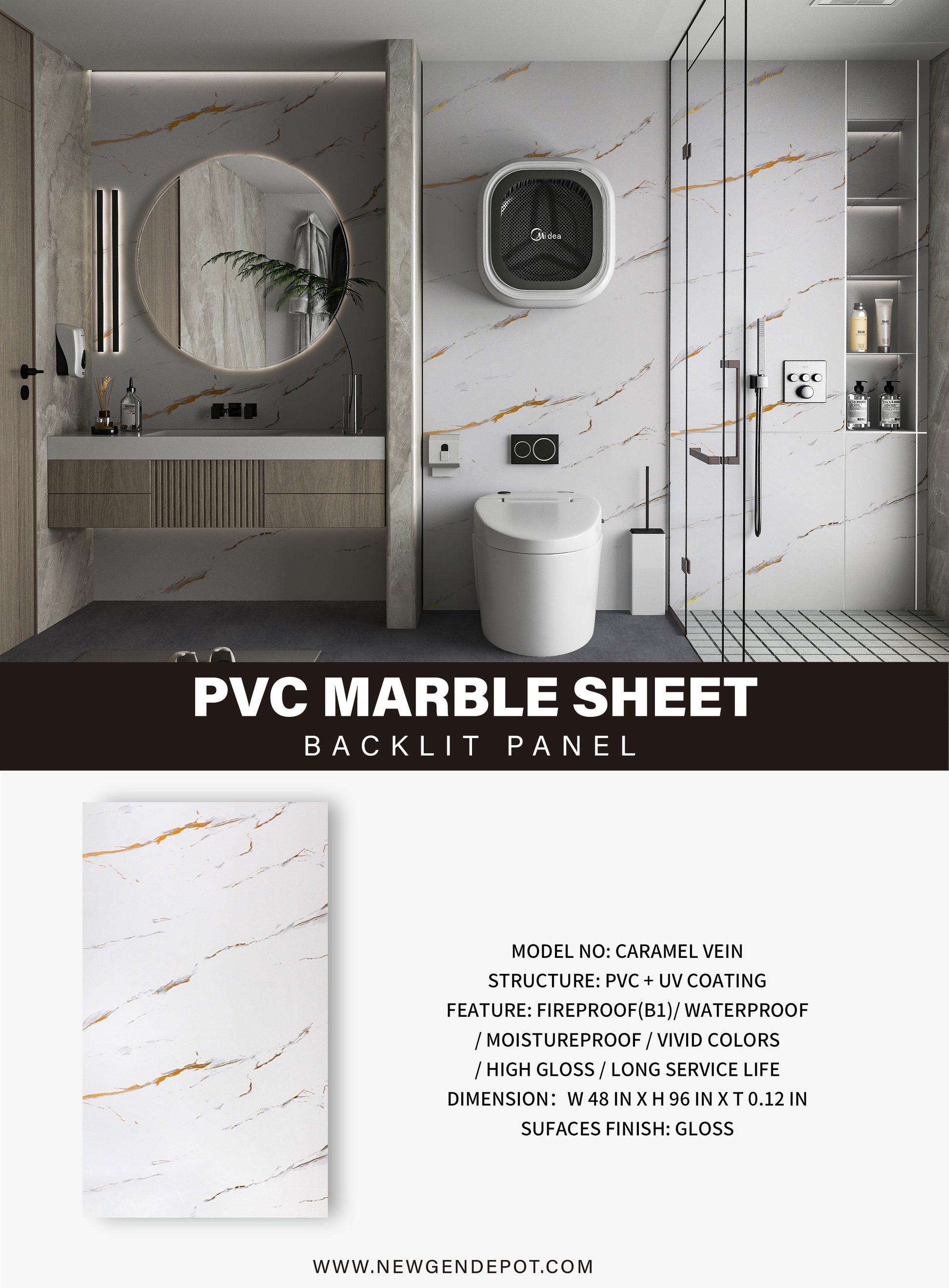 PVC 3D Marble Sheet Caramel Vein Specifications. NewGen Depot