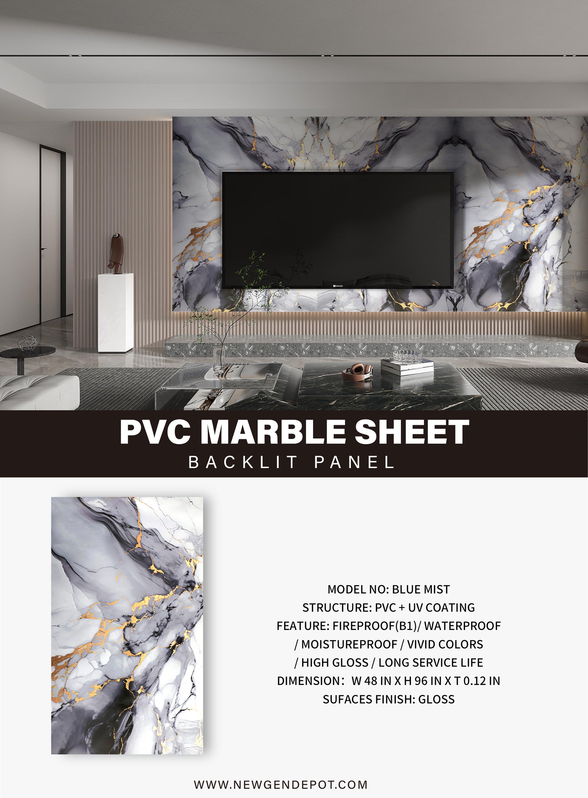 PVC 3D Marble Sheet Blue Mist Specifications. NewGen Depot