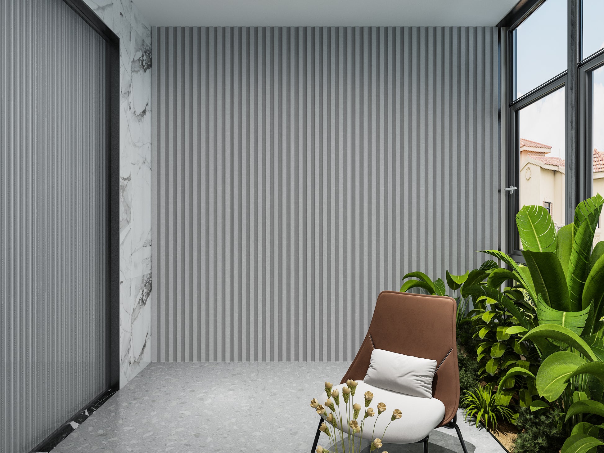 White linen WPC Fluted 3D Wall Panels. NewGen Depot. Balcony Design With WPC Fluted Wall Panels