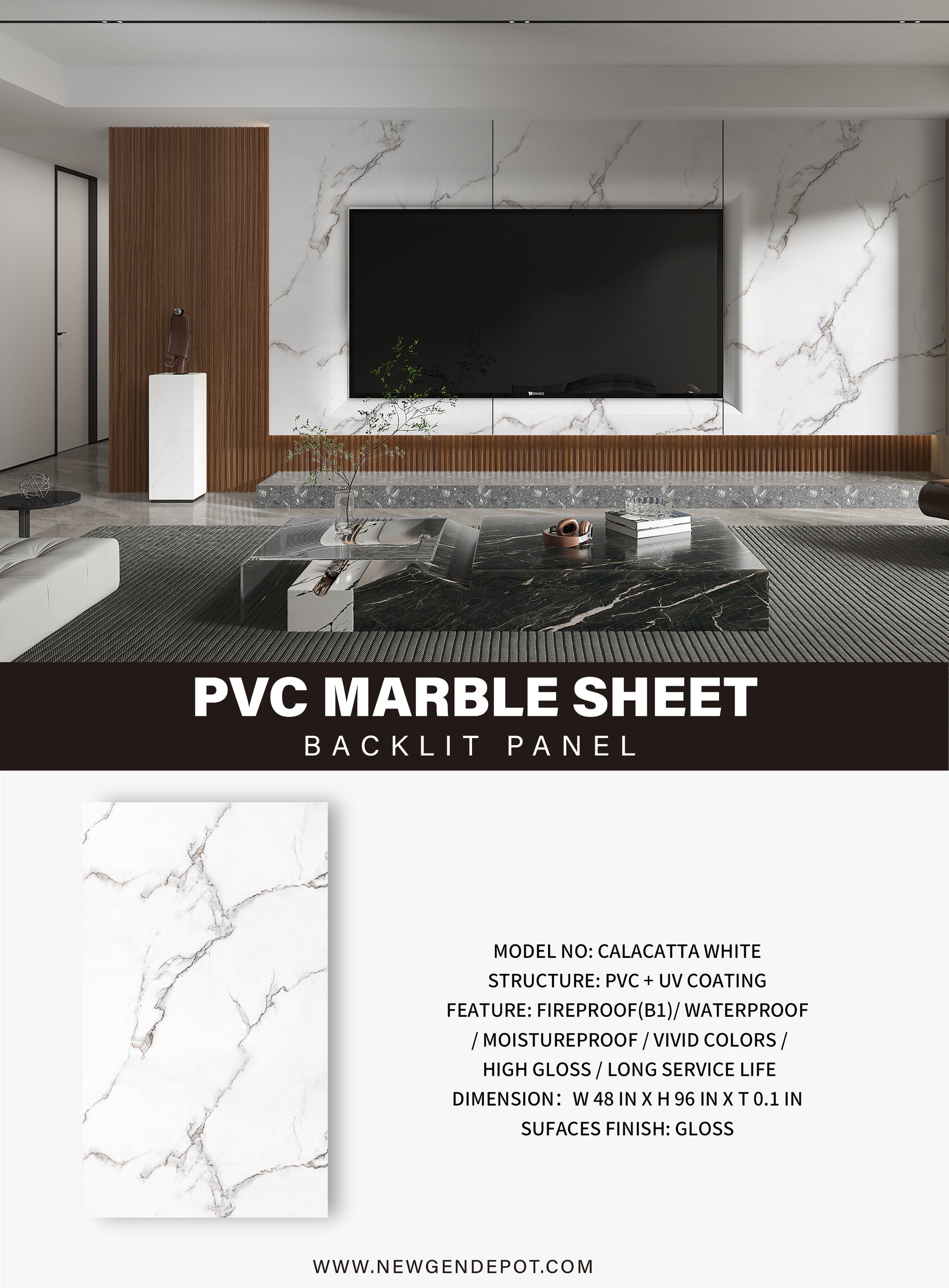 PVC 3D Marble Sheet Calacatta White Specifications. NewGen Depot