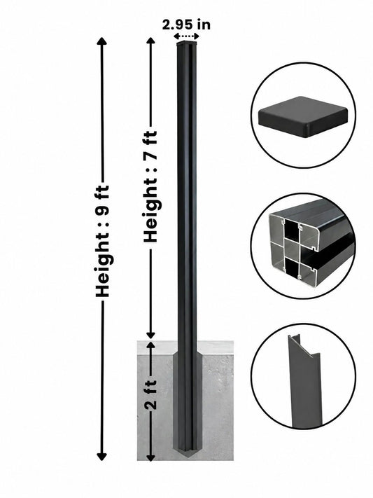 In-ground fence post dimension diagram labeled 8 ft tall, 6 ft above ground, 2 ft below ground, and 2.95 in wide