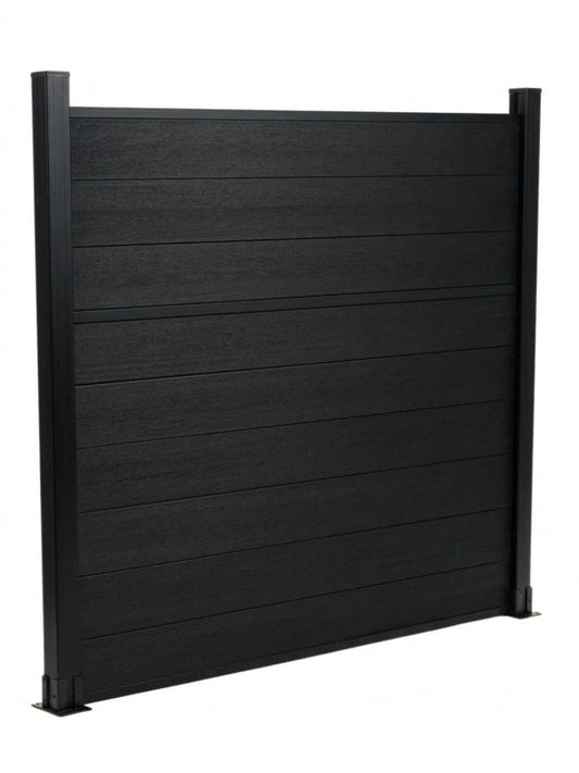 Angled view of a black Center Trim composite fence panel with horizontal boards and two posts