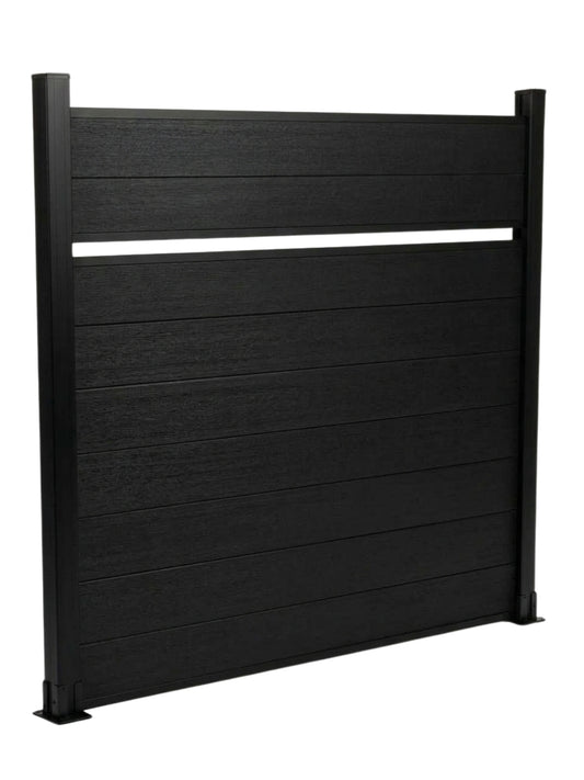 Black single divider composite fence panel with horizontal wood-grain boards and two posts, angled view