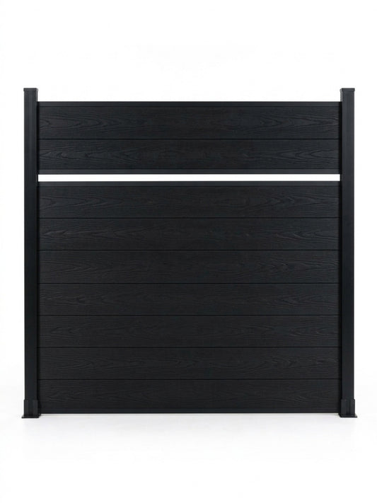 Front view of black single divider composite fence panel with a narrow horizontal opening