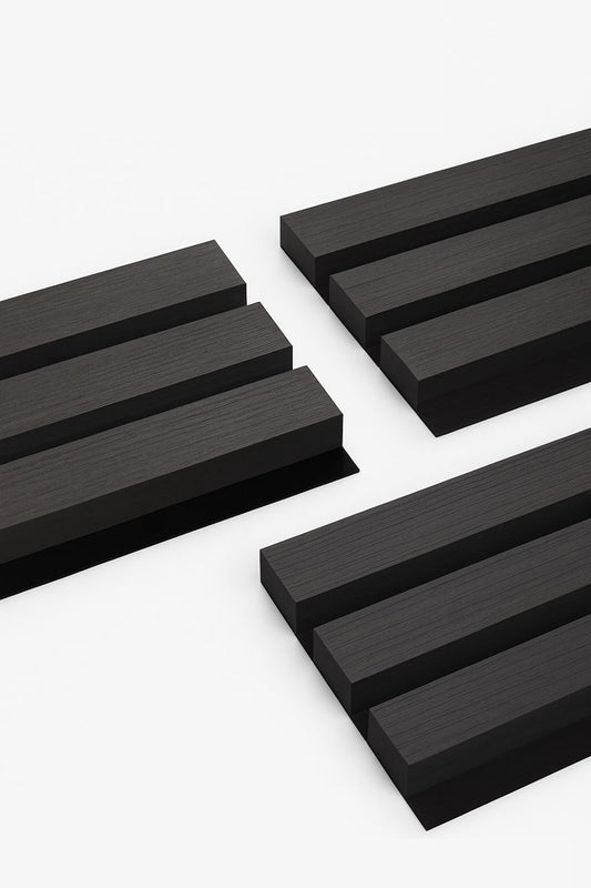 Black premium acoustic slat wall panel with 3-sided wood veneer
