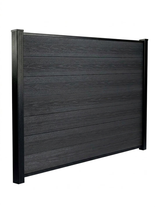 Angled view of the black composite privacy fence panel with horizontal wood-grain boards and side posts