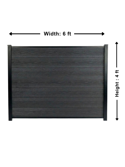 Dimension diagram of the black composite privacy fence panel showing 6 ft. width and 4 ft. height
