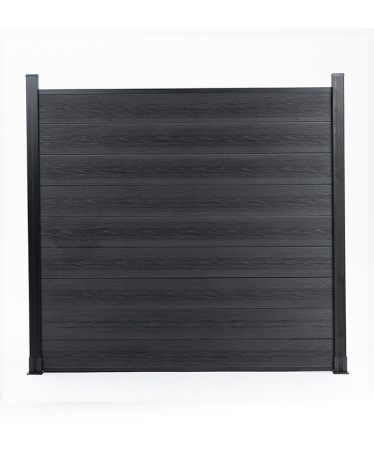 Black co-extruded WPC composite fence panel with wood-grain texture and side posts.