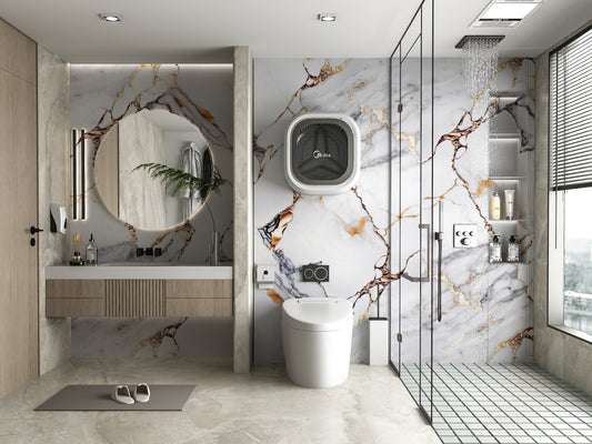 PVC 3D Marble Sheet Covelano Luxe Gold. NewGen Depot. 
Bathroom Design From PVC Marble Sheets
Covelano Luxe Gold Marble Panel
UV Protected PVC Wall Panel
Fireproof Waterproof Wall Panel
4x8 ft Marble PVC Panel
Luxury Gold Vein Marble Wall Panel