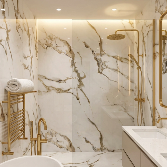 Ethereal Blush Marble UV Protected PVC Wall Panel in Shower and bathroom
