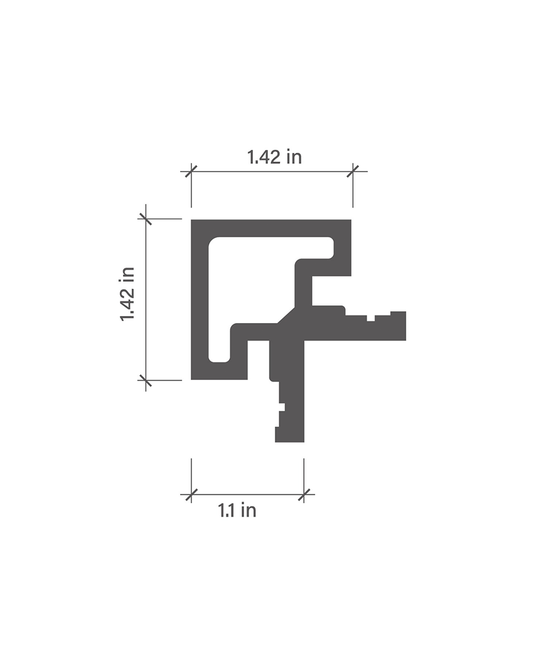 Composite 90° external corner trim profile diagram with 1.42-inch height and width and 1.1-inch base width