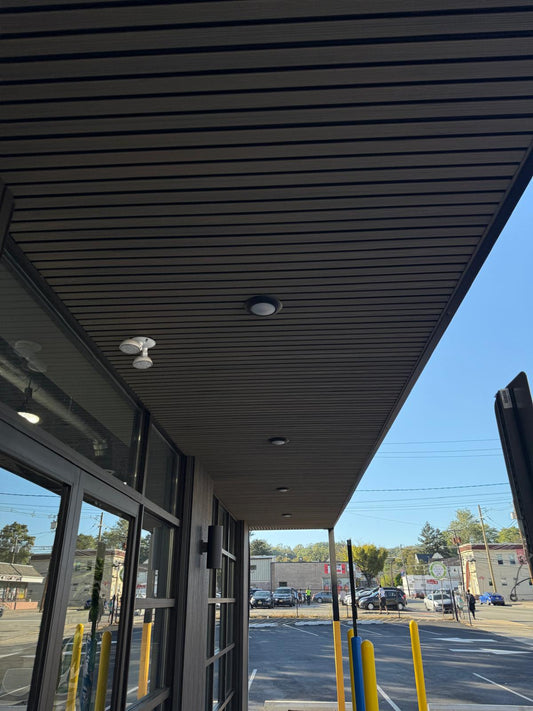 Deep front eave over black composite cladding boards