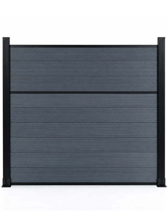 Front view of a light gray center-trim composite fence panel framed by dark posts