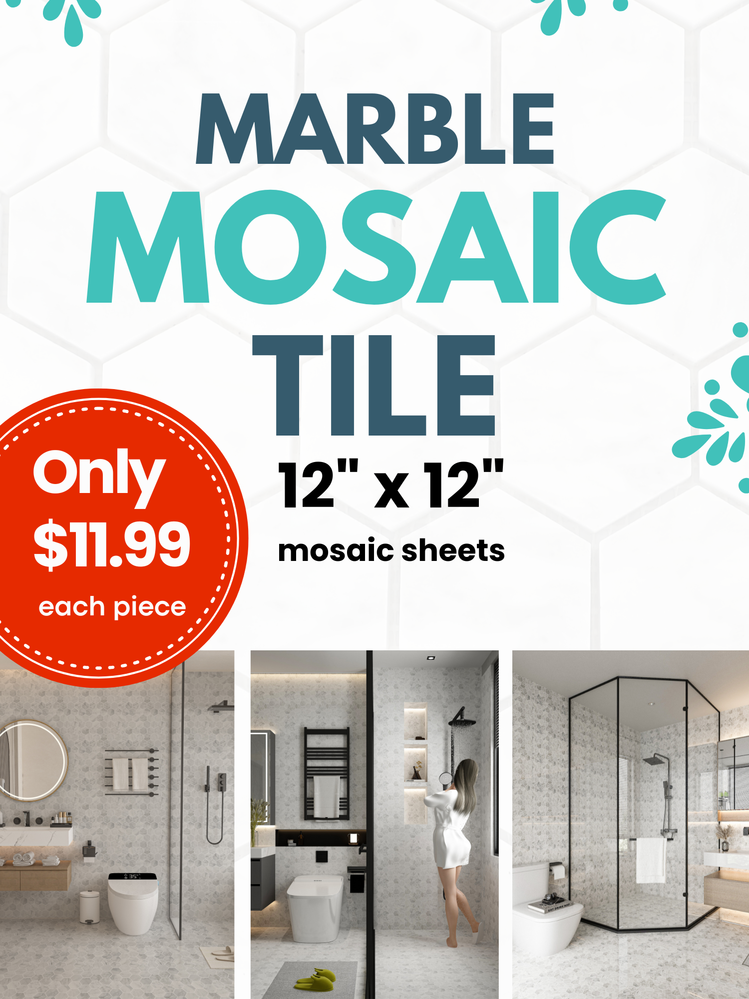 Calacatta White Hexagon Polished Marble Mosaic Tile – 12" x 12"