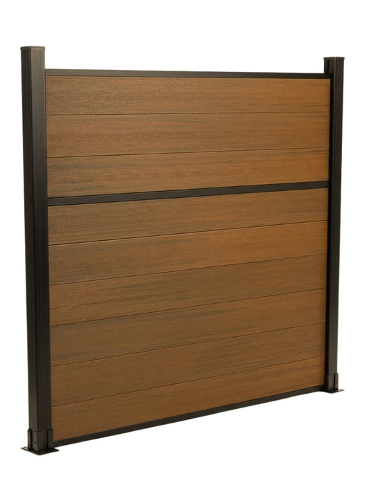 Angled view of walnut composite fence panel with black posts and center trim