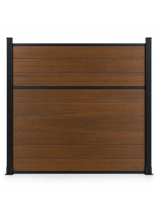 Front view of walnut center trim composite fence panel with horizontal boards and black frame