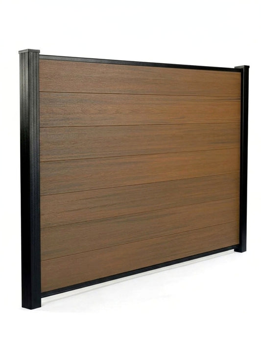 Angled view of a walnut composite privacy fence panel with horizontal boards and a black frame