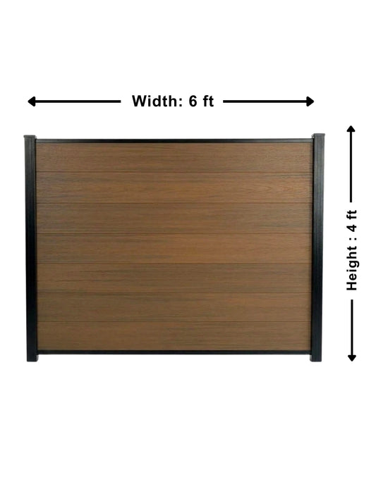 Dimension diagram of the walnut composite privacy fence panel showing 6 ft. width and 4 ft. height