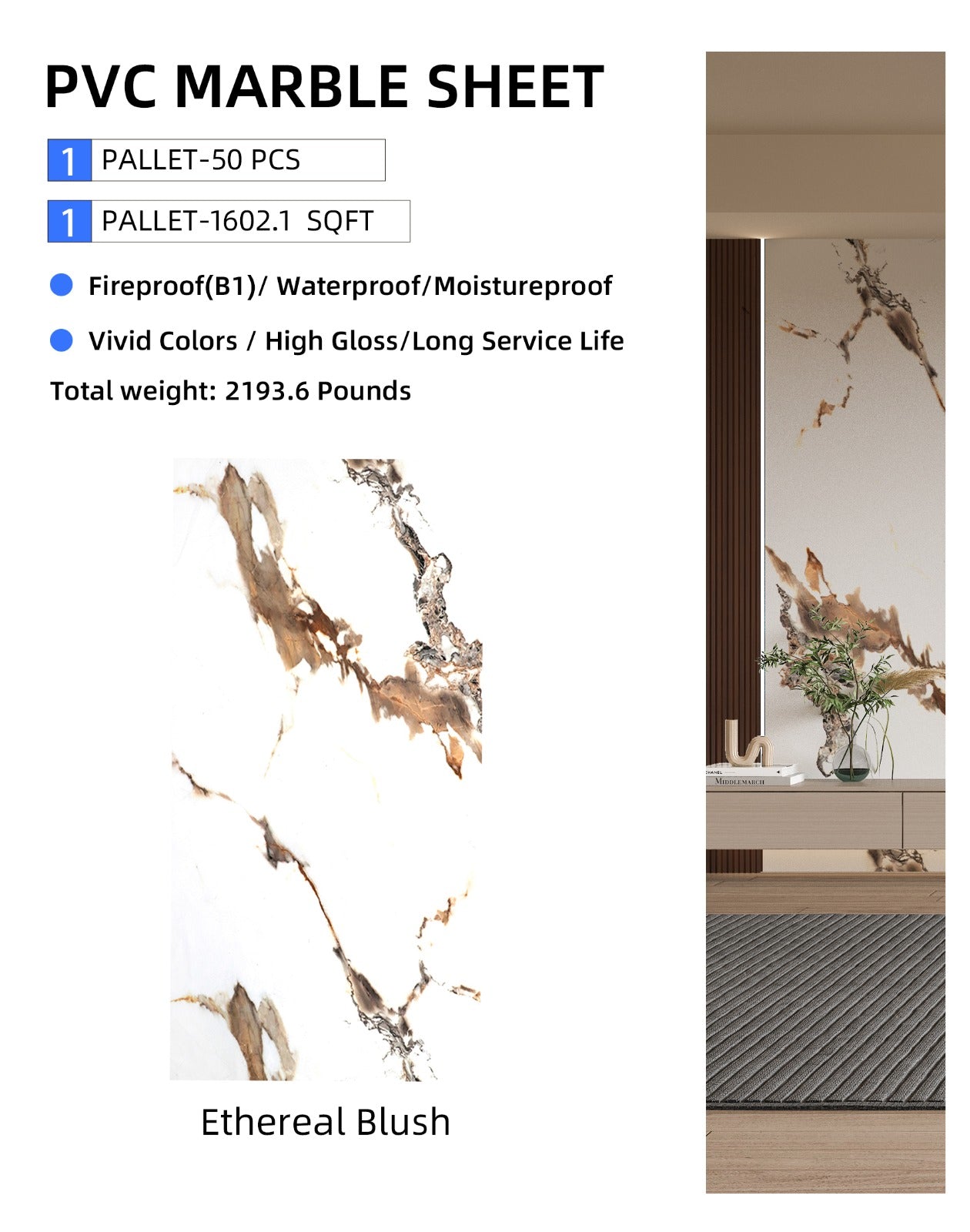 Ethereal Blush Marble UV Protected PVC Wall Panel - Detail