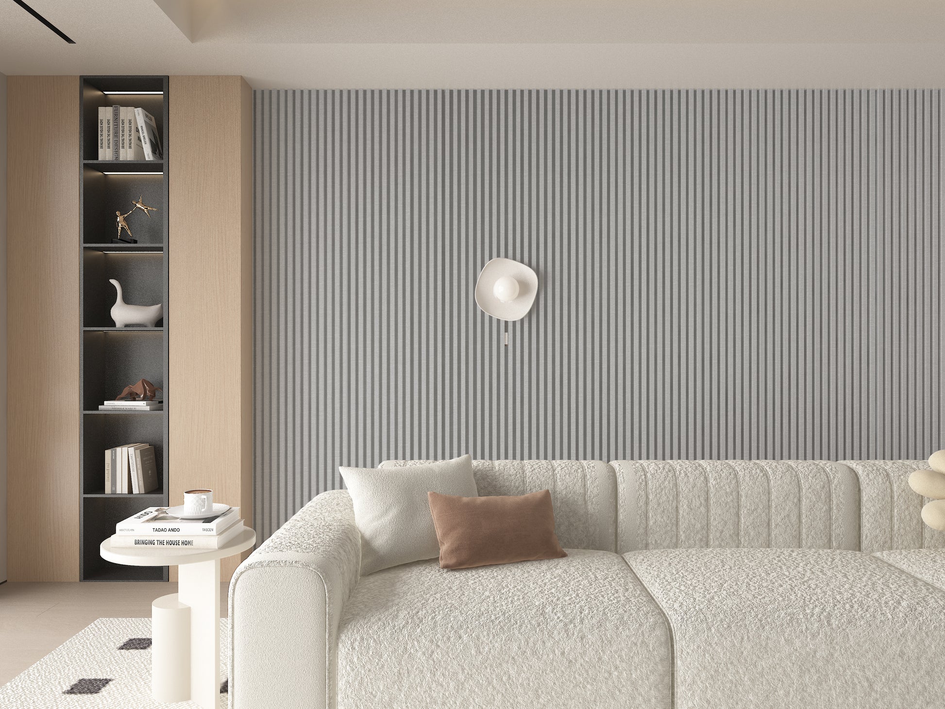 White linen WPC Fluted 3D Wall Panels. NewGen Depot. Living Room Design With WPC Fluted Wall Panels