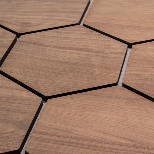 Hexagon acoustic wall panels in walnut for home and office walls