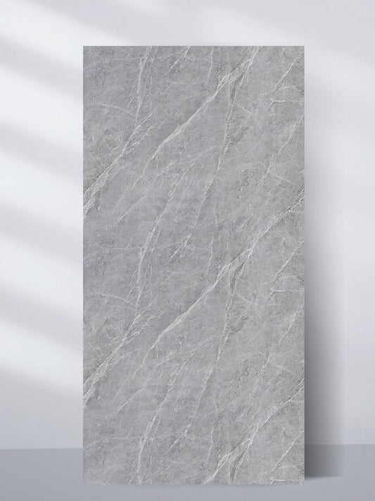 Ash gray marble-look PVC wall panel with fine white veining, shown as a full rectangular sheet.