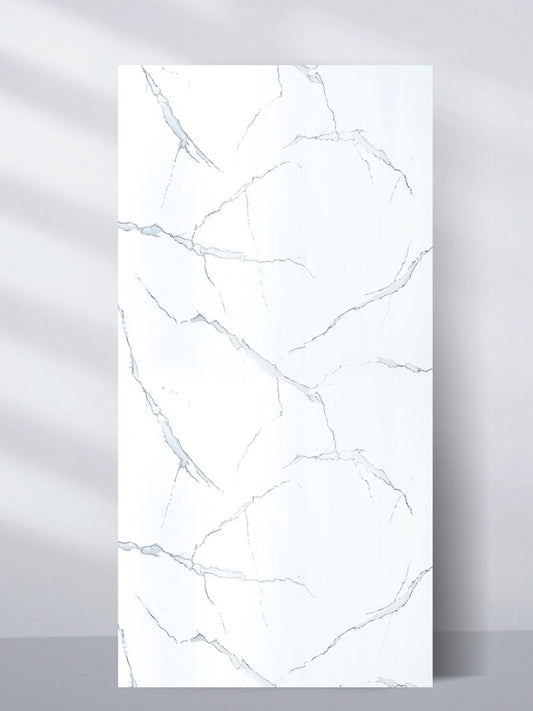 Full White Gray Pearl Marble PVC wall panel with fine gray veining displayed upright against a neutral background.