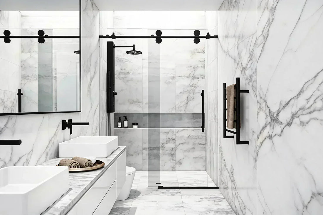 Why VIGO Shower Doors Are the Perfect Match for PVC Marble Sheets & Luxury Bathroom Wall Panels