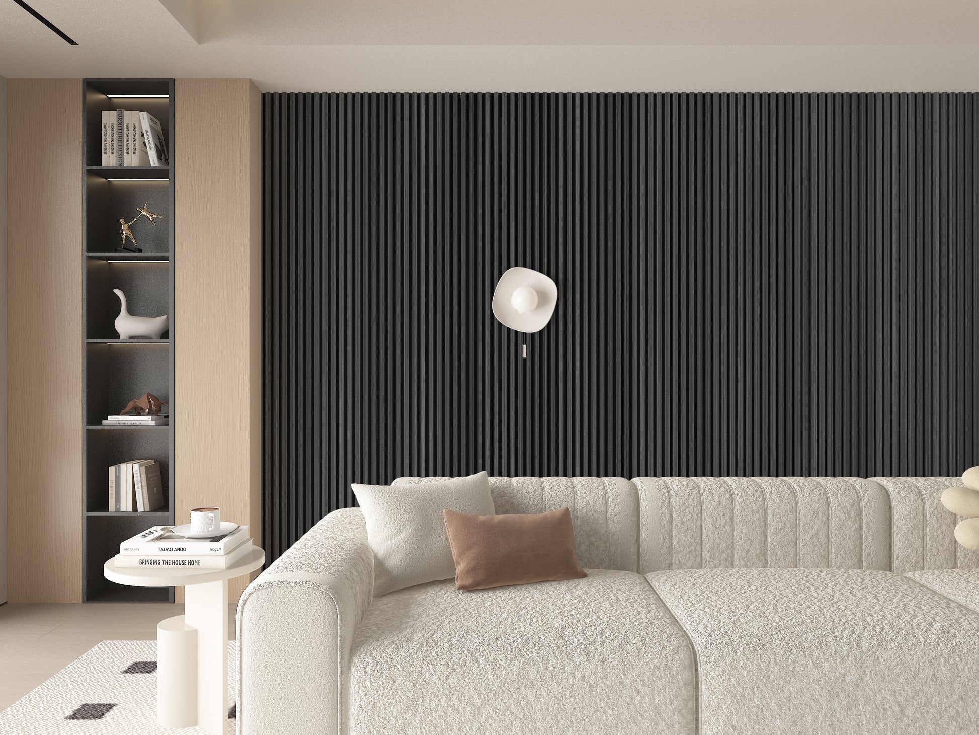 Carborn Gray WPC Fluted 3D Wall Panels. NewGen Depot. Living Room Design With WPC Fluted Wall Panels