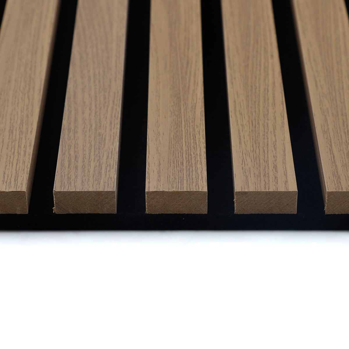 End view showing Royal Oak wood slat profiles evenly spaced over black backing