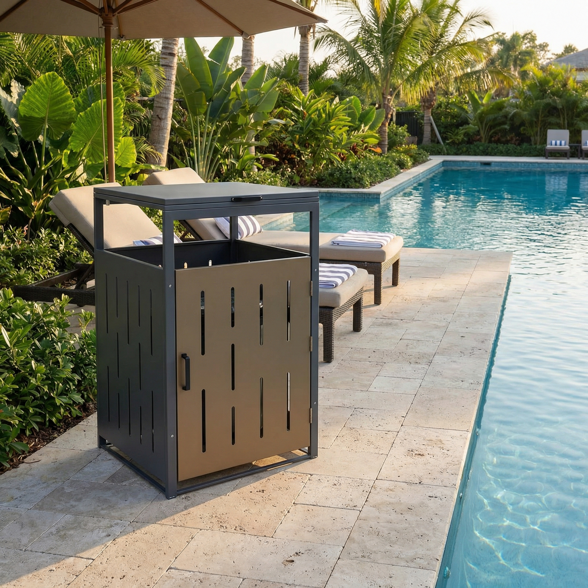 Outdoor garbage bin enclosure with steel frame and modern design