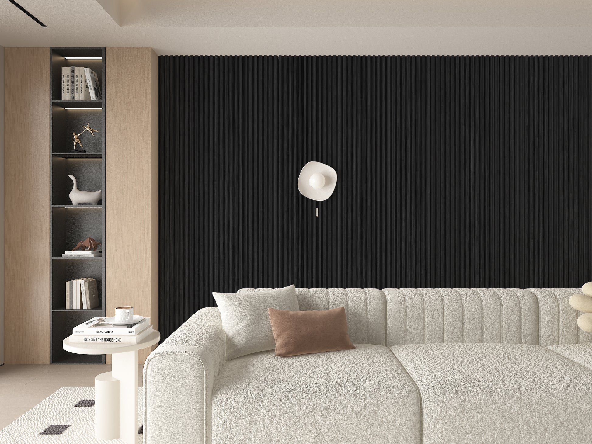 Ashen Oak WPC Fluted 3D Wall Panels. NewGen Depot. Living Room Design With WPC Fluted Wall Panels