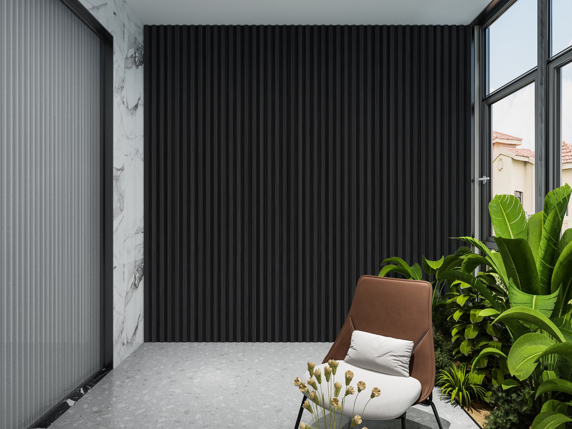 Ashen Oak WPC Fluted 3D Wall Panels. NewGen Depot. Balcony Design With WPC Fluted Wall Panels