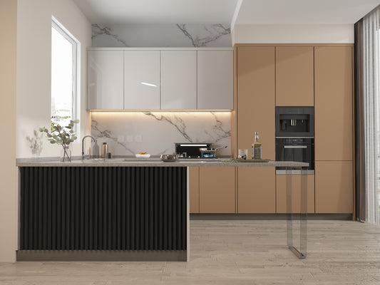 Ashen Oak WPC Fluted 3D Wall Panels. NewGen Depot. Kitchen Design From WPC Fluted Wall Panels