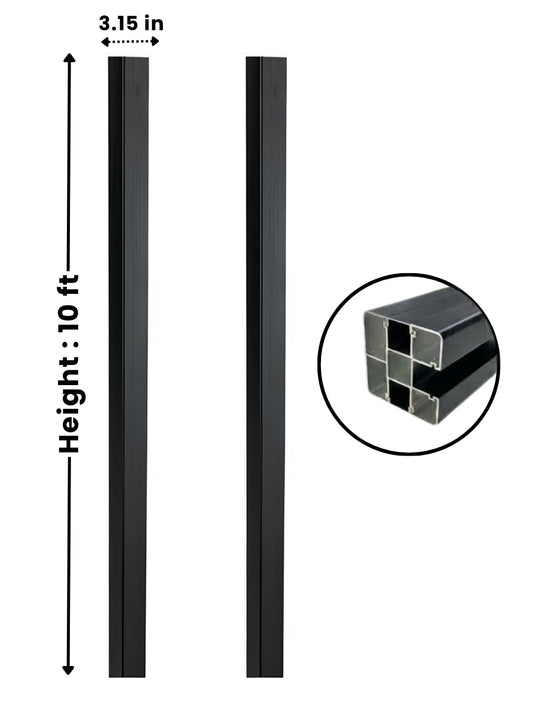 Front and side views of the 10 ft in-ground fence post with 3.15-inch width and hollow profile detail