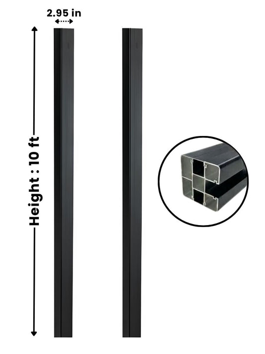Black 10 ft in-ground fence post shown from two sides with 2.95-inch width and hollow cross-section detail
