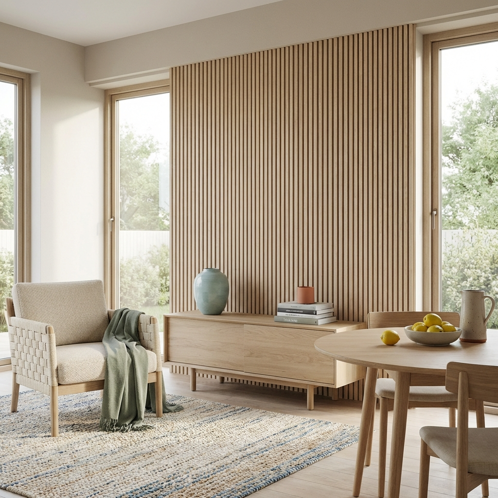 Living room with oak acoustic slat wall panel feature wall