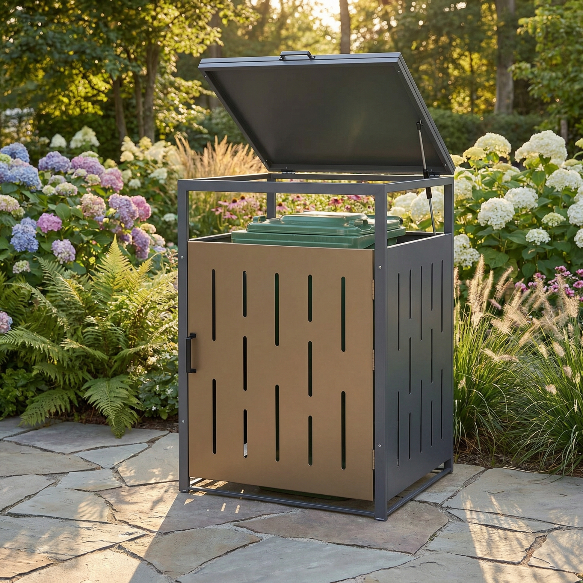 Secure garbage bin enclosure for raccoon and animal protection