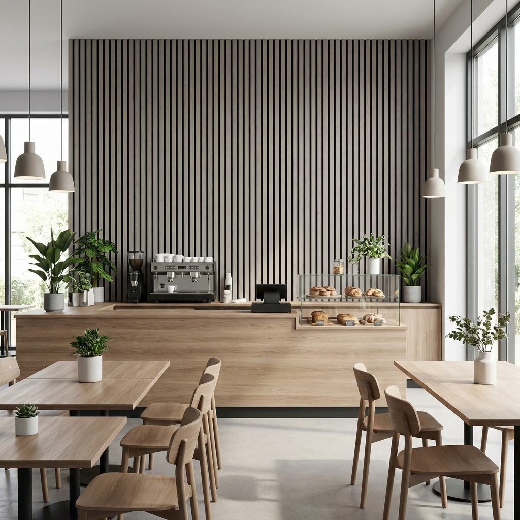 Cafe interior with ash gray acoustic slat wall panel feature wall