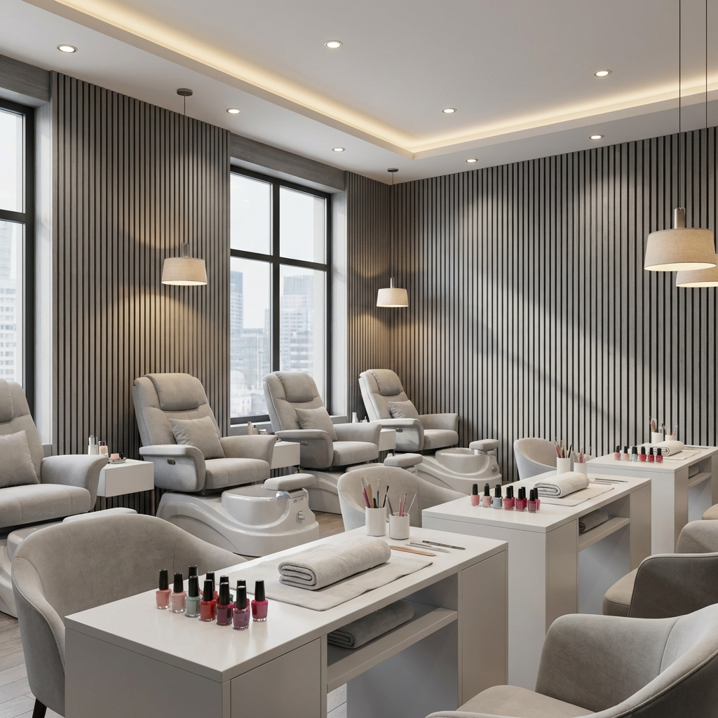 Luxury nail salon interior with ash gray acoustic slat wall panels and modern LED ceiling lighting