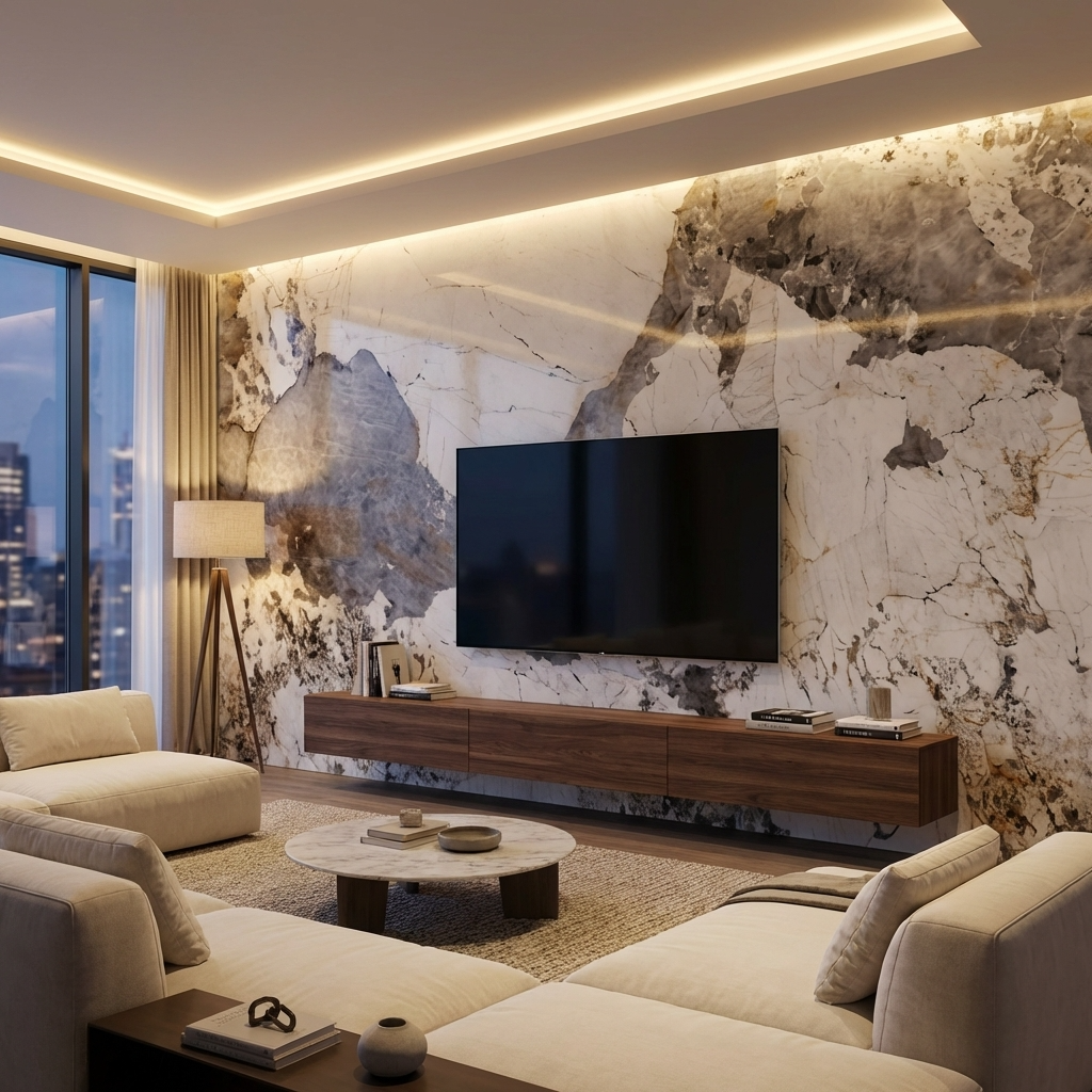 modern TV wall with wood veneer panels granite finish interior design