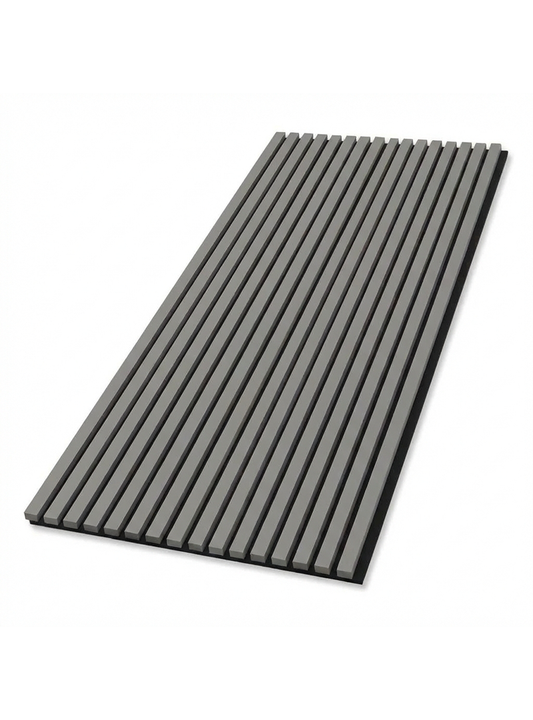 Gray acoustic wood slat wall panel with black felt backing for modern soundproof interior design