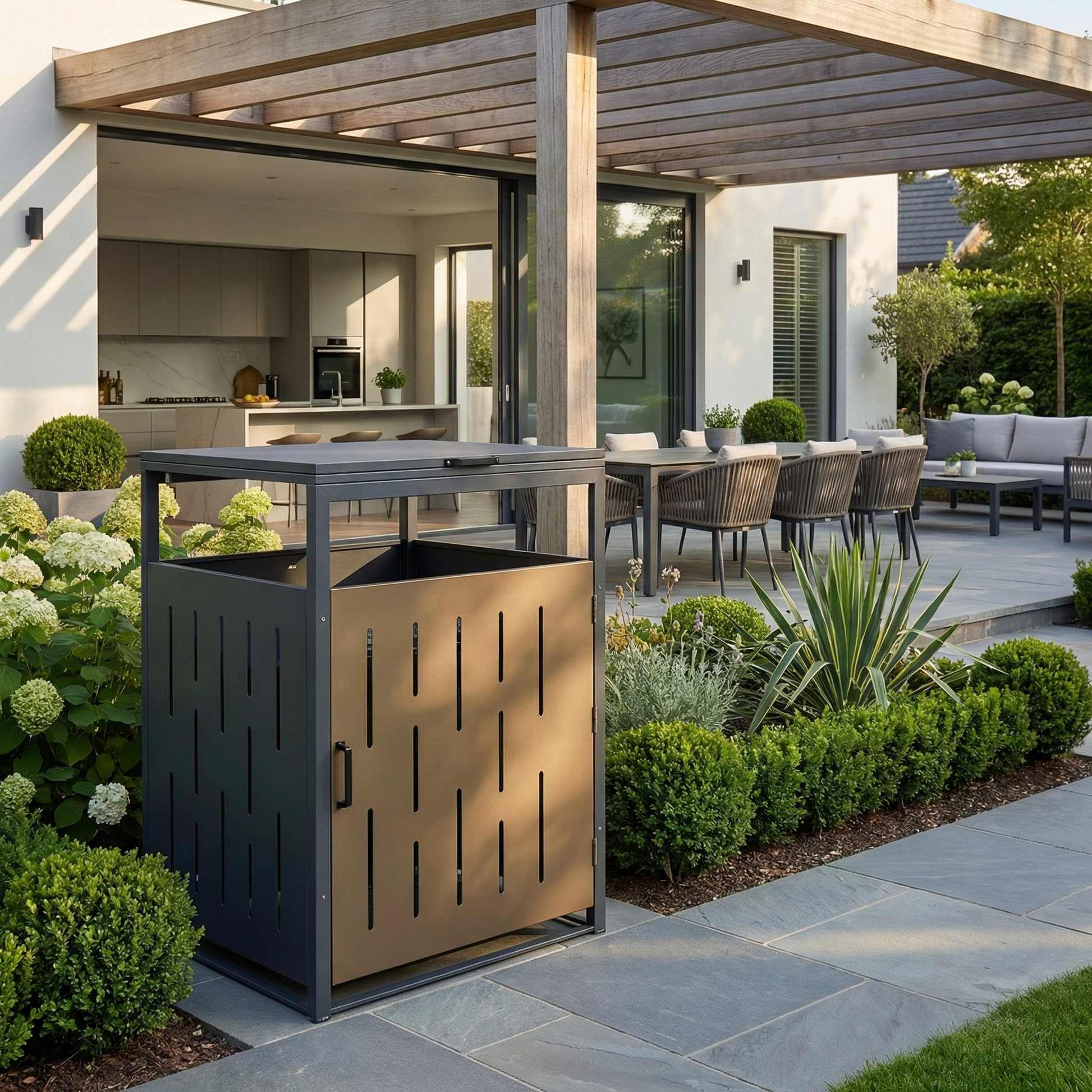 Modern aluminum outdoor waste bin enclosure placed on luxury patio landscape